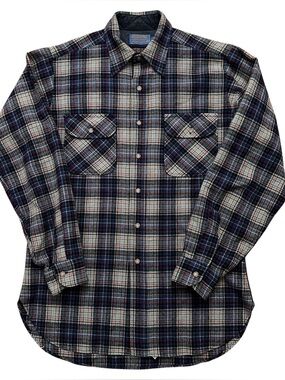 Pendleton Long Sleeve Shirt Mens M Long Virgin Wool Plaid Blue Made in USA VTG